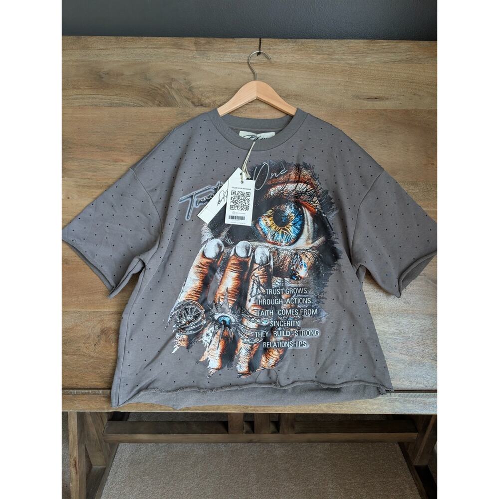 BKYS F-Terry Cropped T-Shirt Womens XL Gray Crystal Eye Beaded Short Sleeve NWT